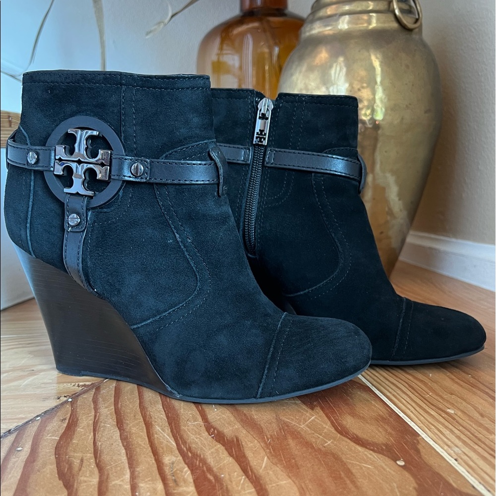Tory Burch Black Suede Aaden Wedge Ankle Bootie